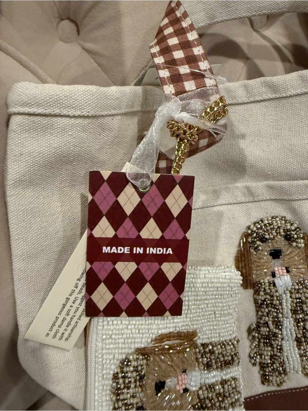 MADE IN INDIA BEADED Doodle Canvas Tote Bag - Cream & Brown
